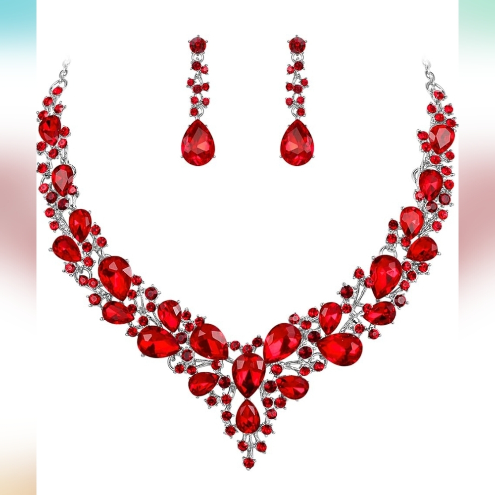Red Gemstone Necklace and Earring Set